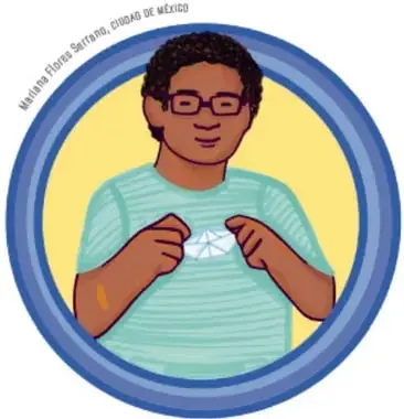 Ilustración de un niño con lentes y playera verde sosteniendo un papalote, dentro de un círculo azul con la leyenda 'María Elena Solís, Ciudad de México'.