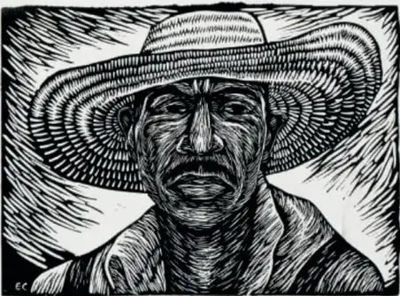 Grabado del rostro de un campesino con un gran sombrero de palma.