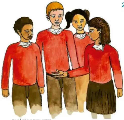 Ilustración de cuatro estudiantes de primaria con suéteres rojos que dialogan en círculo, representando el trabajo en asamblea y la comunidad escolar. Crédito: Miguel Ángel Luna Vargas, modelos.