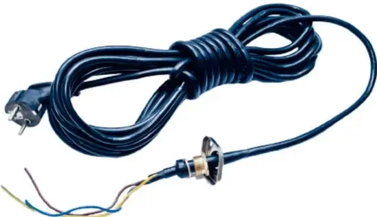 Cable de corriente enrollado con clavija en un extremo y terminales peladas en el otro, mostrando los conductores internos.