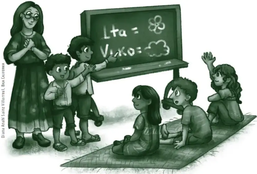 Ilustración de una maestra frente a un pizarrón con niños y niñas sentados en el suelo; en el pizarrón hay letras y dibujos.