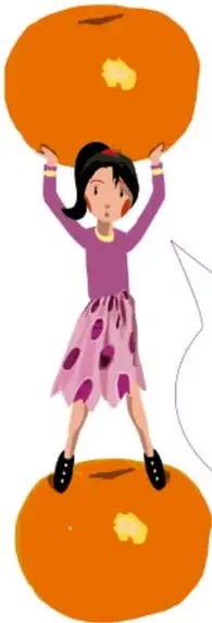 Ilustración de una niña sosteniendo dos naranjas grandes, con un globo de diálogo que dice: 'Pon un letrero a cada uno de tus experimentos. Los míos dicen: Experimento escolar de Jimena. Por favor, no tirar'.