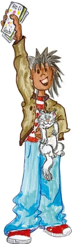 Ilustración de un niño con cabello puntiagudo que sostiene en alto un tríptico y lleva un gato blanco en brazos; al pie, crédito a Claudia Lucía Bautista Parra.