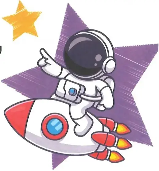 Ilustración de una persona astronauta viajando sobre un cohete, acompañada de una estrella y un fondo de colores.