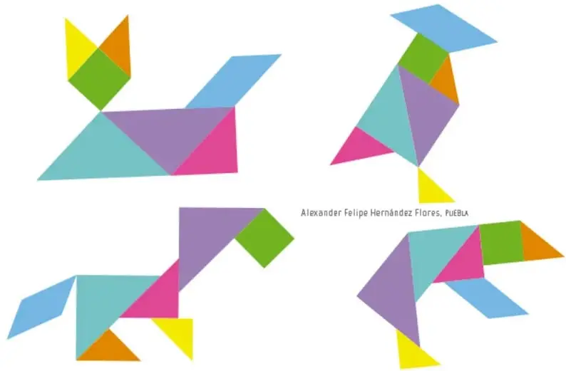 Cuatro ejemplos de animales construidos con las 7 piezas del tangram: un gato, un pájaro, un ratón y otro animal, cada uno con piezas de colores distintos.
