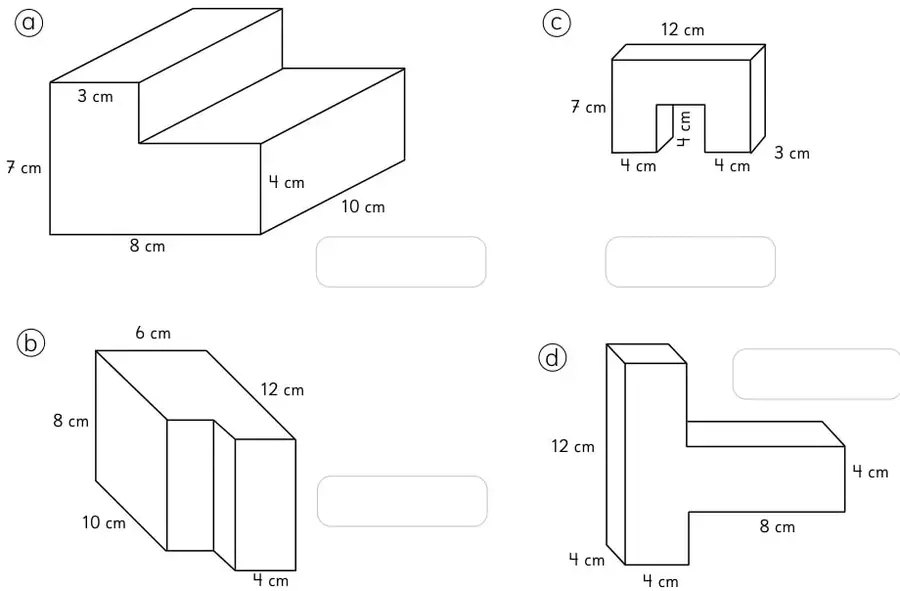 Cuerpo compuesto por dos prismas rectangulares con dimensiones 8 cm, 10 cm, 4 cm y 3 cm.
