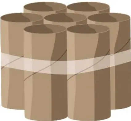 Ilustración de 7 tubos cilíndricos de cartón (rollos de papel higiénico) unidos con una tira de cinta adhesiva: uno central rodeado de seis formando la primera parte del panal de abejas.