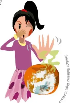 Ilustración de una niña observando un frasco con alimentos en mal estado.