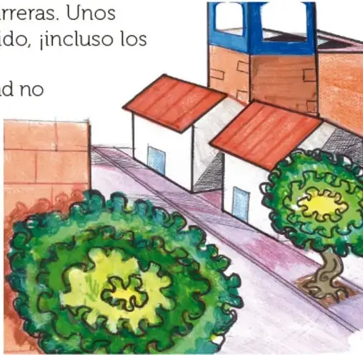 Ilustración de un camino con casas y árboles vistos desde arriba, junto a la carretera. Crédito: José Francisco Bravo Moreno, Ciudad de México.