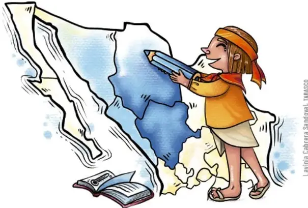 Ilustración de un niño con lápiz coloreando un mapa de México, con zonas azules que representan frío.