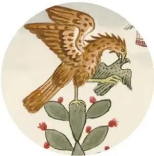Dibujo circular con la imagen del águila real devorando una serpiente sobre un nopal, con guirnalda floral roja, como en el Escudo Nacional.