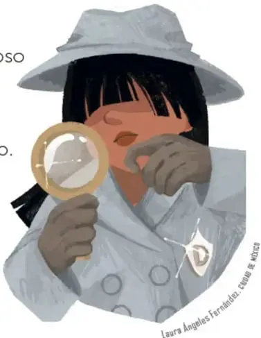 Detective novata con sombrero gris y lupa,observando con atención; crédito vertical: 'Laura Ángels Fernández, Ciudad de México'.