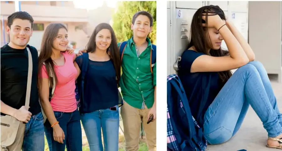 Grupo de cuatro adolescentes (dos hombres y dos mujeres) sonriendo y abrazados, con mochilas, al aire libre.