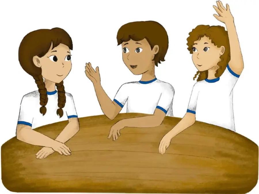 Ilustración de tres estudiantes sentados alrededor de una mesa de madera; una de las niñas levanta la mano para pedir la palabra mientras las otras dos la miran y escuchan.