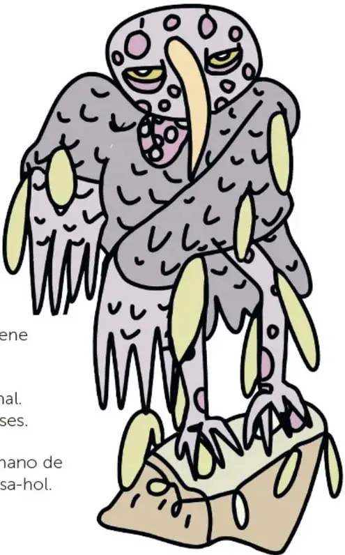 Ilustración del Waay Pop: ave monstruosa gris y morada con manchas, pico grande amarillo, plumas caídas y garras sobre una roca. Crédito: Luis Miranda Pérez, Yucatán.