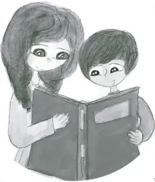 Ilustración en blanco y negro de una persona adulta y una niña leyendo juntas un libro, símbolo de cercanía y apego. Crédito: Sital Martínez Bazán, Esaú Escobar Muñoz.