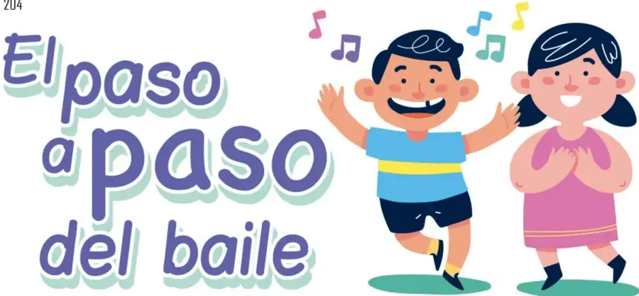 Ilustración de un niño y una niña bailando alegres con notas musicales de colores alrededor: el niño con camiseta azul y shorts, la niña con vestido rosa y coletas.