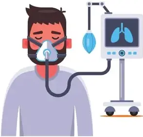 Persona con mascarilla de oxígeno conectada a una máquina que muestra pulmones.