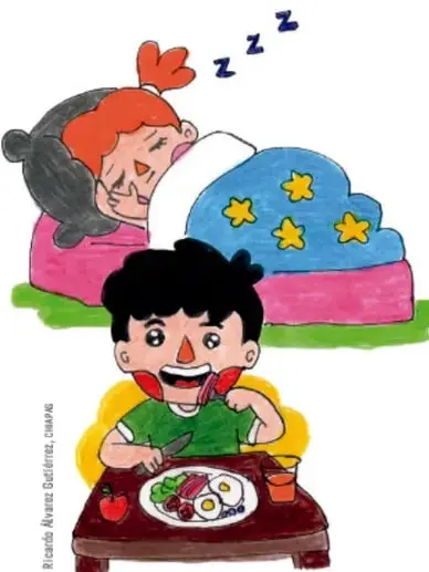Ilustración de una niña durmiendo plácidamente y un niño comiendo alimentos saludables en una mesa, como ejemplos de cuidado y vida digna.