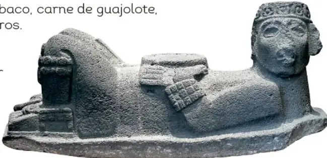 Fotografía de otro Chac mool de piedra oscura visto de frente, con el cuenco sobre el abdomen y la cabeza erguida mirando al frente.