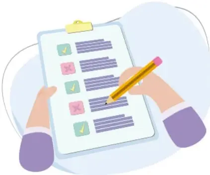 Ilustración de una mano sosteniendo una tabla de verificación con una lista y un lápiz.