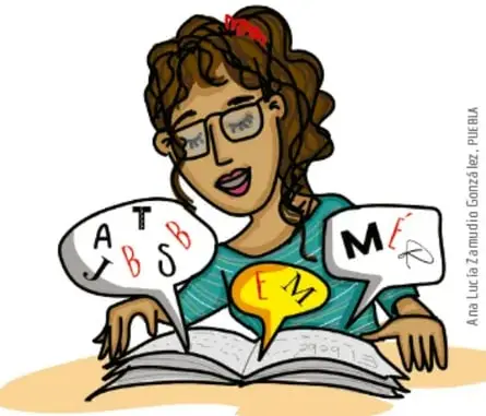 Mujer con lentes leyendo un libro grande con globos de diálogo llenos de letras; pie: Mensajes precisos y claros.