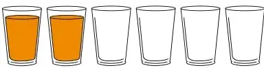 6 vasos, dos con jugo y cuatro vacíos.
