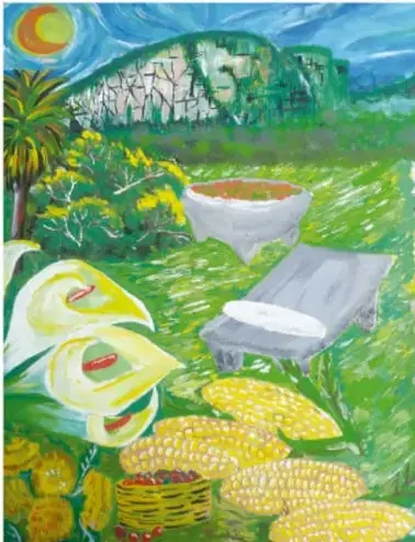 Pintura al óleo de estilo naíf de Alex Flores Ávila (Puebla): paisaje verde con un cerro y cielo azul, calas blancas, elotes o mazorcas amarillas, un metate de piedra y un aceite o lámpara blanca.