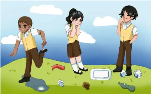 Ilustración de tres estudiantes observando basura fuera de los contenedores en el patio de la escuela. Hay un charco, papeles y envolturas en el suelo.