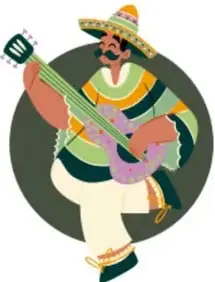 Ilustración de un músico con sombrero tocando una guitarra, envuelto en un círculo verde oscuro.