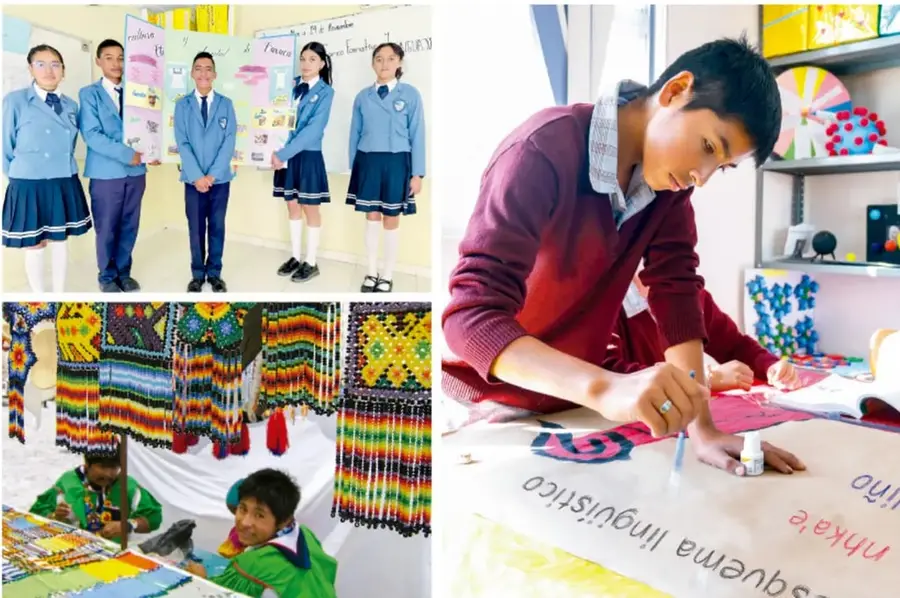 Collage de tres fotografías: un grupo de estudiantes en uniforme presentando un proyecto frente a un mural; un estudiante escribiendo «Esquema lingüístico» en una cartulina; y dos niños elaborando una manualidad con hilos de colores tejidos.