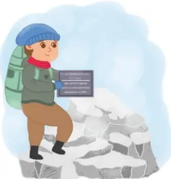 Ilustración de un excursionista con mochila y gorro azul observando una placa conmemorativa entre rocas y nieve, en un paisaje de montaña.