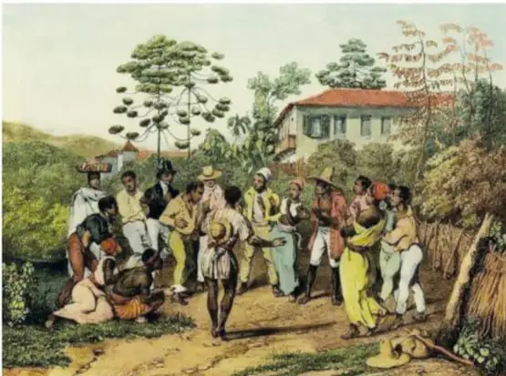 Ilustración costumbrista que muestra a un grupo de personas afrodescendientes reunidas al aire libre, algunas tocando instrumentos y otras bailando, junto a una casa y árboles.