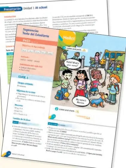 Página de presentación de la Unidad 1 'At school' con sugerencias para el docente y actividades de la clase 1.