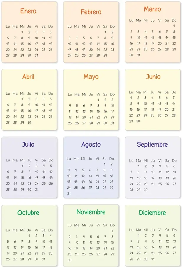 Doce calendarios mensuales (enero a diciembre) distribuidos en cuatro filas de tres cuadros, con los días de la semana abreviados de Lu a Do y los números de cada día.