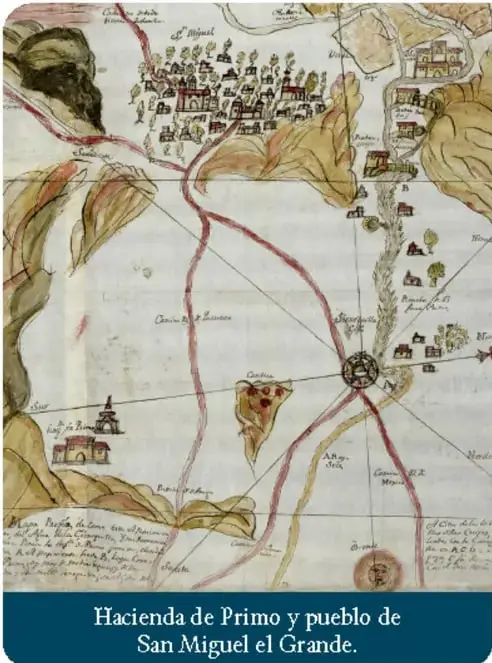 Mapa antiguo que muestra la Hacienda de Primo y el pueblo de San Miguel el Grande, con caminos, ríos y construcciones coloniales.