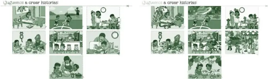 Tarjetas recortables del material con la leyenda '¡Juguemos a crear historias!': escenas ilustradas en tonos verdes de niñas y niños desayunando, jugando pelota, cocinando, leyendo y conviviendo en familia; un segundo set de tarjetas con más escenas.