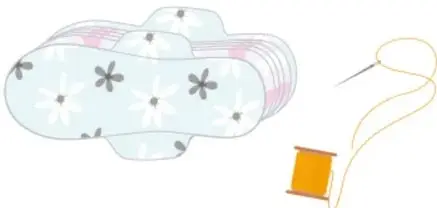 Ilustración de capas de tela con flores, aguja e hilo para coser.