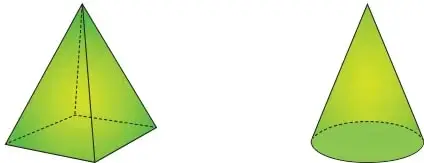 Dibujo de una pirámide de base cuadrada y un cono, ambos de color verde, como ejemplo de las figuras con una sola base.
