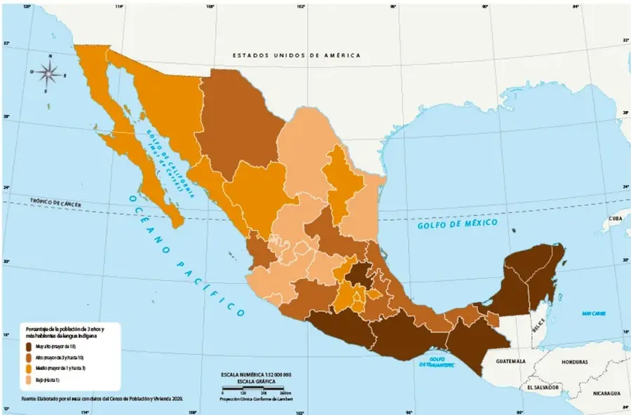 Mapa de México con división estatal coloreada según el porcentaje de población de 3 años y más hablante de lengua indígena. Se observan los estados del sur y sureste con los tonos más oscuros (mayor porcentaje), mientras que el norte y centro presentan tonos claros. Incluye rosa de los vientos, escala numérica 1:12 000 000, escala gráfica en kilómetros y la proyección Cónica Conforme de Lambert.