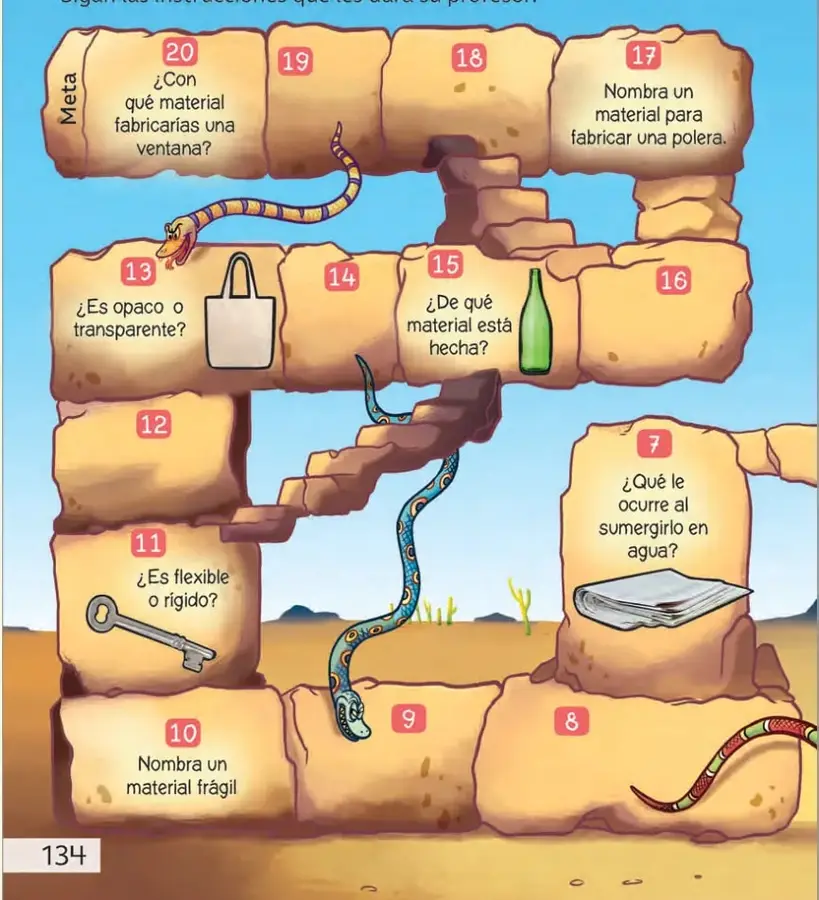 Tablero del juego 'Escaleras y serpientes' con casillas numeradas del 8 al 20, casillas Meta, dos escaleras y tres serpientes que conectan casillas.