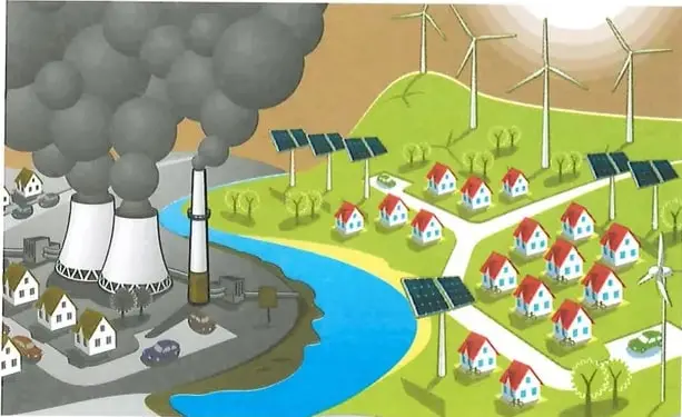 Ilustración de una zona con fuentes de energía contaminantes y energías renovables, como paneles solares y aerogeneradores.