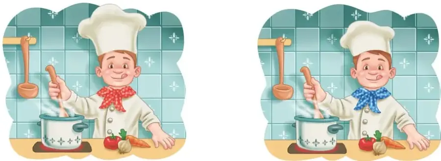 Dos ilustraciones casi iguales de un cocinero con gorro blanco, delantal y cuchara, cocinando junto a una olla; se diferencian en el color del moño (rojo/azul) y en el tamaño del gorro.