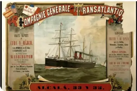 Cartel de la 'Compagnie Générale Transatlantique' con la ilustración de un barco de vapor y textos en francés.