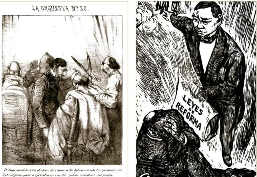 Caricatura de Constantino Escalante titulada "La Orquesta nº 20 / El Supremo Gobierno..." (1861): muestra al gobierno rapando a la Iglesia y luego quejándose de la pobreza del pueblo.