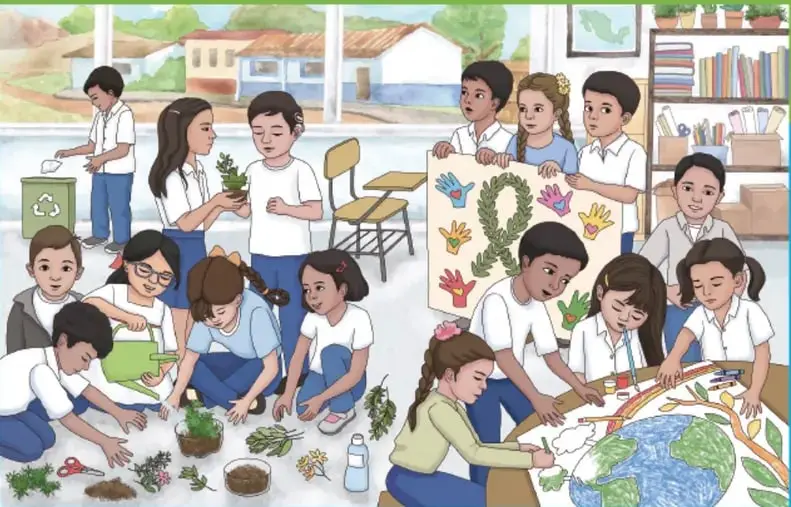 Ilustración de Marcela Aguiar Lamadrid (Sonora): niños en el aula reciclando, cuidando plantas, presentando un cartel de manos de colores con forma de corazón y pintando un mural de la Tierra con árbol y arcoíris.