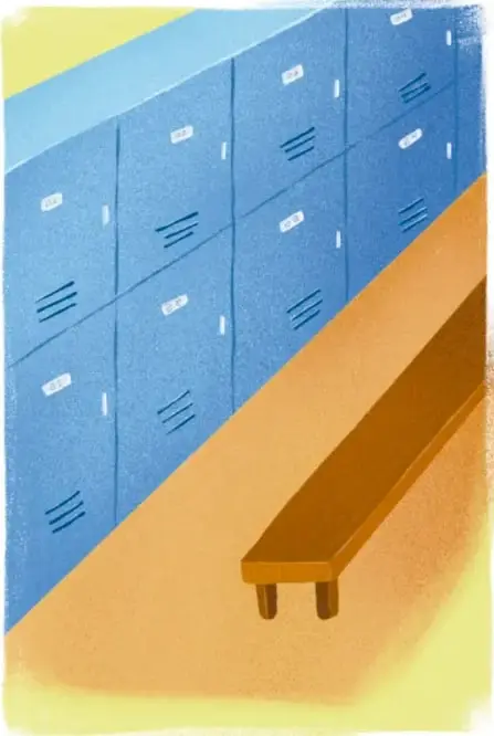 Dibujo de una fila de taquillas (lockers) azules con ranuras de ventilación, sobre un piso ocre, con una banca de madera.
