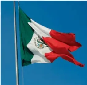 Bandera de México ondeando en un mástil contra el cielo azul.