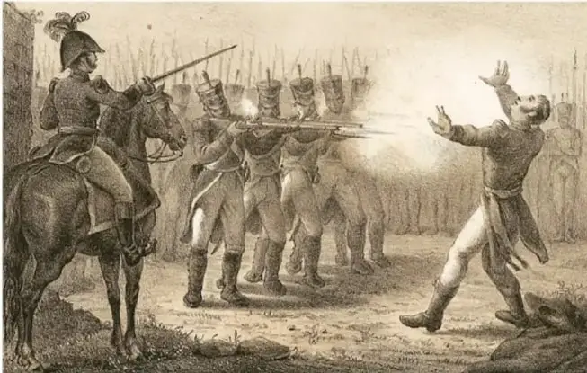 Grabado histórico que muestra el fusilamiento de Agustín de Iturbide: un militar a caballo dirige la ejecución mientras soldados disparan contra una figura de pie con los brazos levantados.
