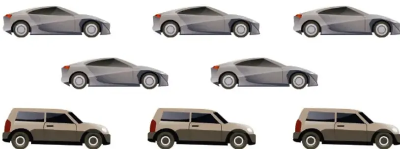 Ilustración de 5 automóviles y 3 camionetas.